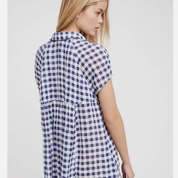 Free People New Spring Love Gingham Blue Plaid Tunic Top - Picture 4 of 11